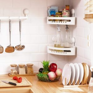 Bathroom Shower Shelf Storage Basket Wall Mounted Plastic Shower Rack for Kitchen &Bathroom, Drill-Free Removable – White