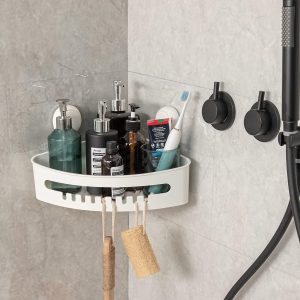 Bathroom Shower Shelf Storage Basket Wall Mounted Plastic Shower Rack for Kitchen &Bathroom, Drill-Free Removable – White