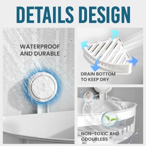 Bathroom Shower Shelf Storage Basket Wall Mounted Plastic Shower Rack for Kitchen &Bathroom, Drill-Free Removable – White