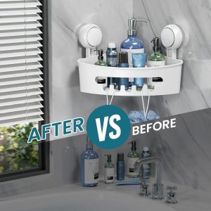 Bathroom Shower Shelf Storage Basket Wall Mounted Plastic Shower Rack for Kitchen &Bathroom, Drill-Free Removable – White