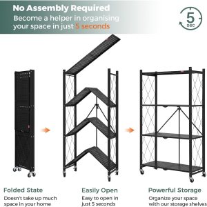 Carbon steel Bathroom Shelves Large Shower Caddy 4-Tier Foldable Storage Shelf Heavy Duty Foldable Metal Rack Storage Shelving – Black