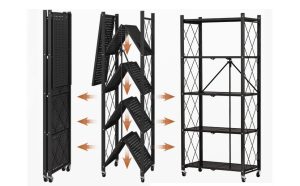 Carbon steel Bathroom Shelves Large Shower Caddy 4-Tier Foldable Storage Shelf Heavy Duty Foldable Metal Rack Storage Shelving – Black