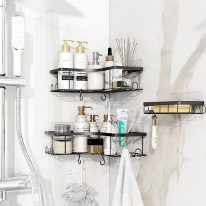 Corner Shower Caddy, 2 Pack Adhesive Shower Corner Organizer Shelves, No Drilling Shower Storage Rack with Toothpaste Holder – Black