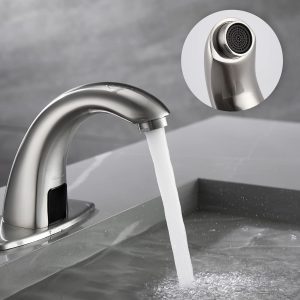 Touchless Bathroom Sink Faucet, Hands Free Automatic Sensor Faucet with Hole Cover Plate – Nickle / Light Grey