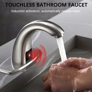 Touchless Bathroom Sink Faucet, Hands Free Automatic Sensor Faucet with Hole Cover Plate – Nickle / Light Grey