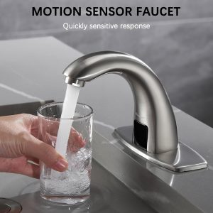 Touchless Bathroom Sink Faucet, Hands Free Automatic Sensor Faucet with Hole Cover Plate – Nickle / Light Grey